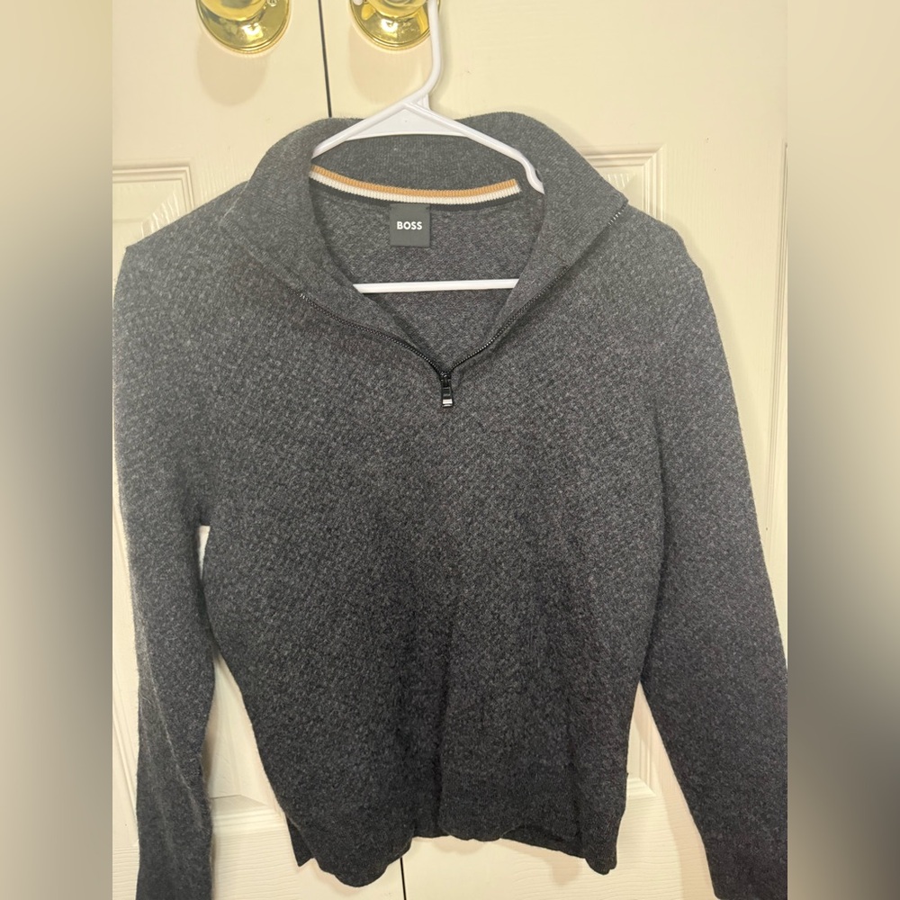 Hugo Boss BOSS Quarter Zip Wool Blend Sweater Gray Textured Knit Mens M